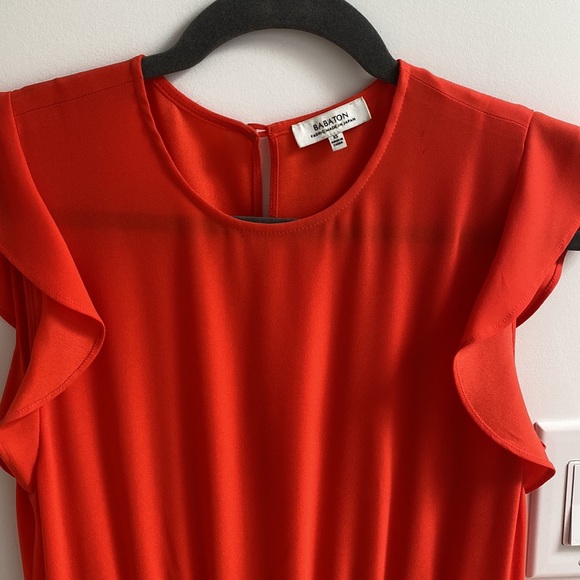 Aritzia Babaton Poppy Red Flutter Sleeve Elastic Waist Tie Midi Dress - Picture 2 of 7